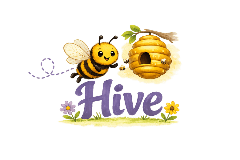 Rohs Ridge Hive logo with a bee mascot flying toward a beehive